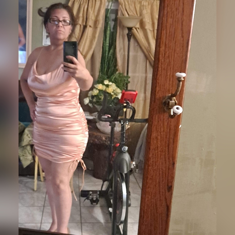 Shein Ruched Drawstring Knot Satin Dress - Picture 5 of 11